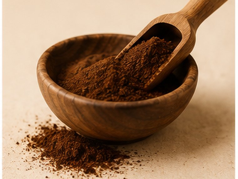 Wooden bowl of finely ground coffee with a small wooden scoop